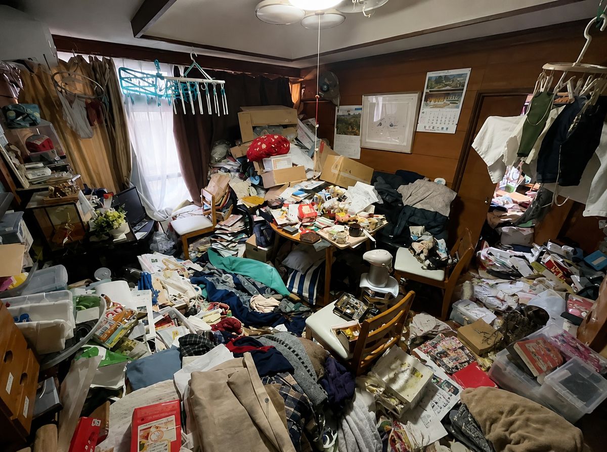 幸華堂の片付け作業 Before 洋間に衣類や日用品が積み上がった状態